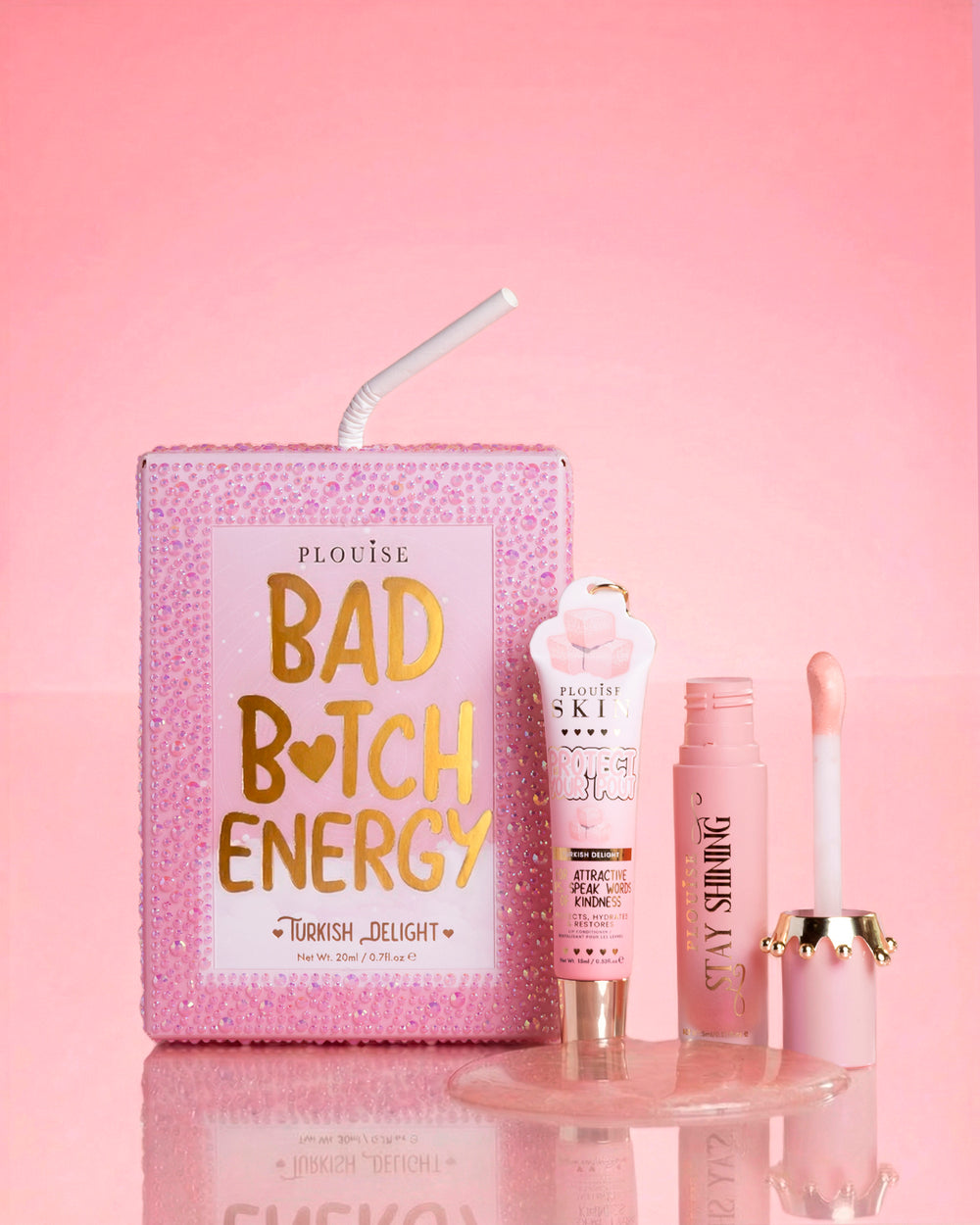 Duo pour les lèvres Bad Bitch Energy à paillettes de cristal rose P.Louise dans un sorbet arc-en-ciel comprenant une huile à lèvres brillante et un revitalisant pour les lèvres