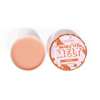Open tub of P. Louise Make It Melt Makeup Cleansing Balm in cocoa scent on a white background