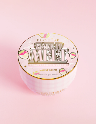 Tub of P. Louise Make It Melt Makeup Cleansing Balm in strawberries and cream on pink background