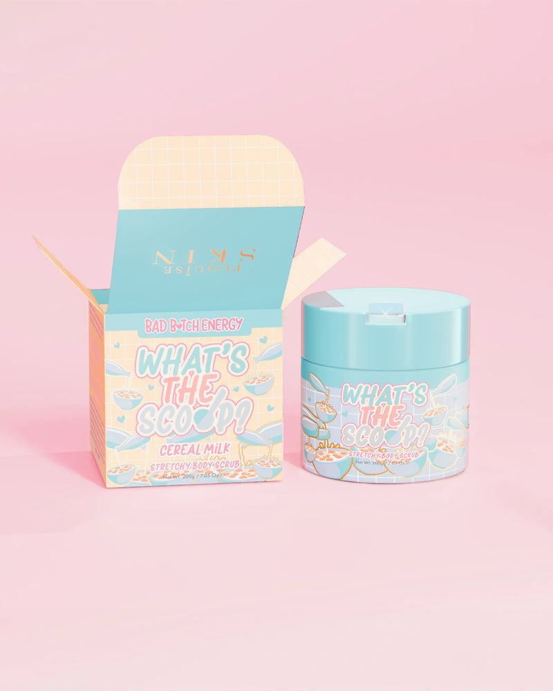 P.Louise « Quel est le scoop ? » gommage corporel extensible au parfum de lait de céréales avec un emballage design de lait de céréales sur fond rose