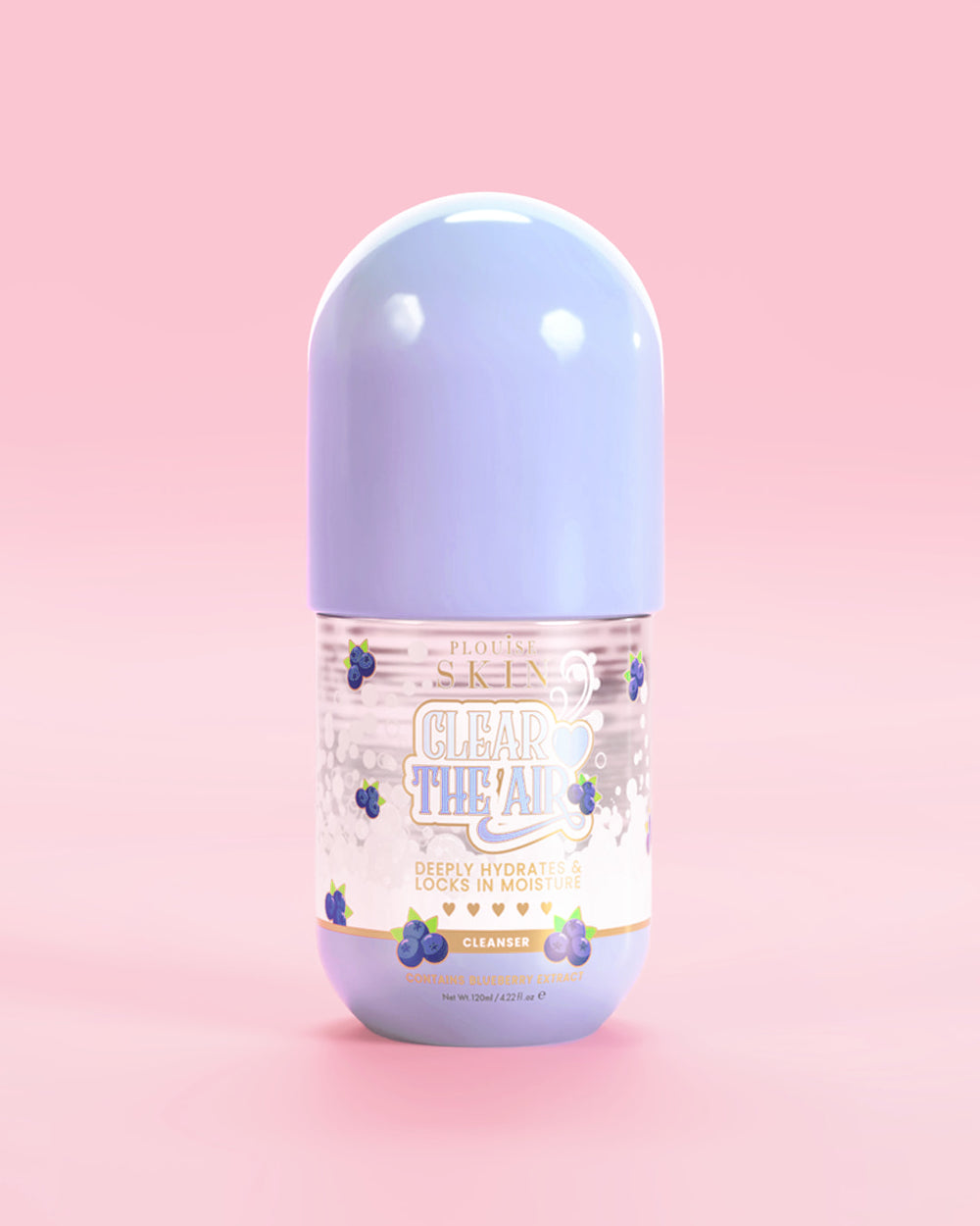 Bouteille de P. Louise Clear The Air Blueberry Gel Cleanser sur fond rose