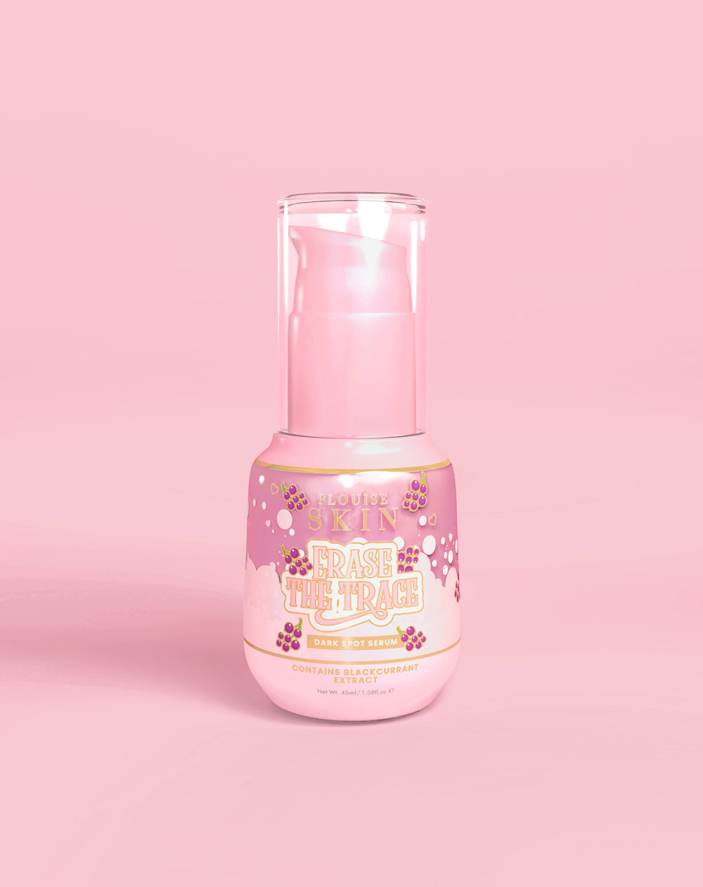 Flacon rose de Sérum Correcteur de Taches P. Louise Erase The Trace sur fond rose