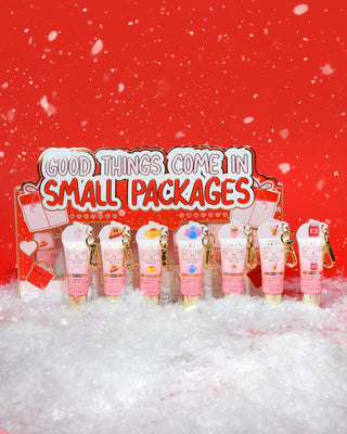 P.Louise 'All Good Things Come In Small Packages' mini lip conditioner gift set christmas flavours on a red background with snow