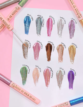 An array of glitter eyeliner swatches by P.Louise in various colours, displayed on a card, with the name of each shade written beside it.