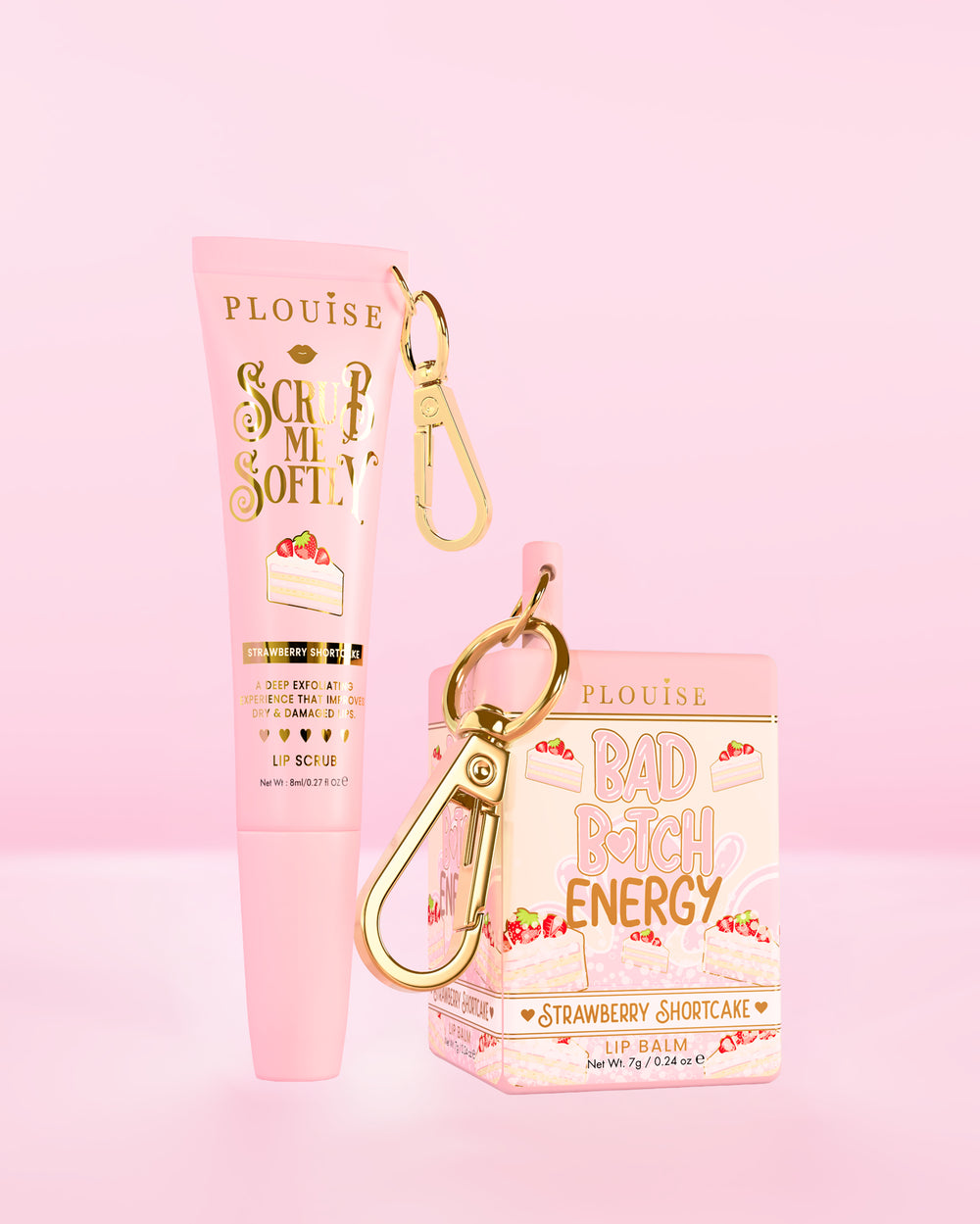 P.Louise Moisture Magic Duo comprenant un baume à lèvres et un tube de gommage pour les lèvres, tous deux au parfum shortcake aux fraises