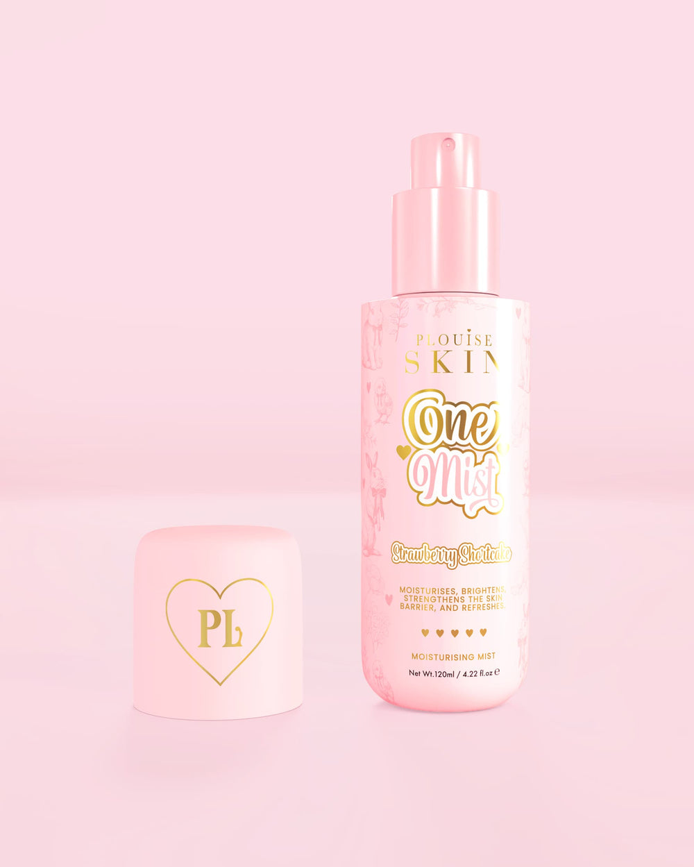 Flacon rose de brume hydratante One Mist au parfum shortcake aux fraises