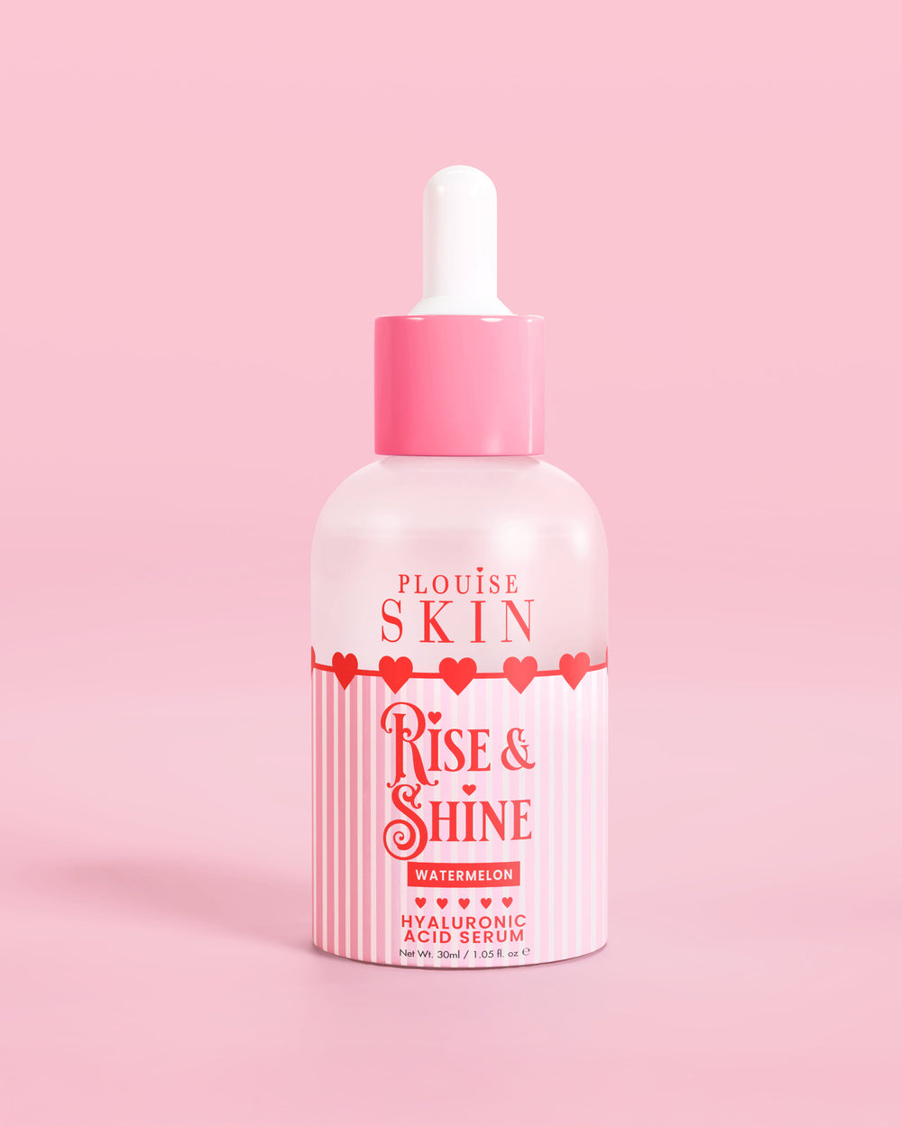 Flacon rose rouge et blanc de sérum P.Louise Rise & Shine Hyaluronic Acid à la pastèque