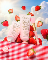P.Louise Strawberry Overnight Wrapping Mask on a table surrounded by strawberries