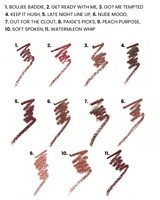 A numbered list of 11 lip liner colour swatches ranging from dusty rose and mauve to warm brown and peach, with text at the top listing product names and corresponding numbers.