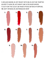 A numbered cosmetic swatch chart showing eleven lip colour swatches labelled with names such as Boujee Baddie, Watermelon Whip, Nude Mood, and Peach Purpose, on a white background.