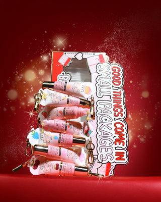 P.Louise 'All Good Things Come In Small Packages' mini lip conditioner gift set best sellers on a red background