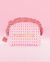 Trousse de maquillage et de soin P.Louise à rayures roses et blanches avec volants et graphisme fraise