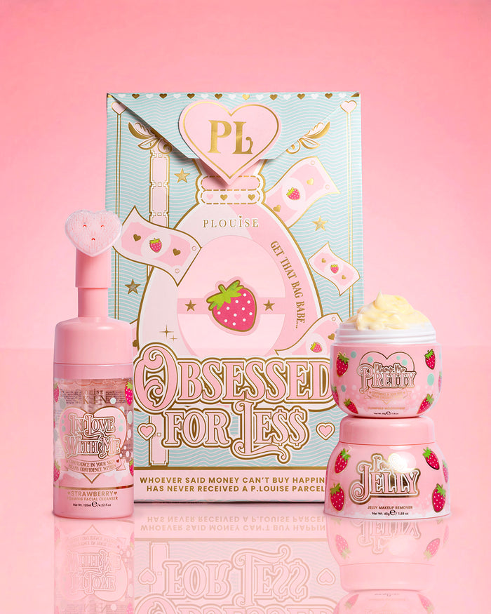 P.Louise Strawberry Obsessed For Less Obsessed For Bad Bitch on a pink background