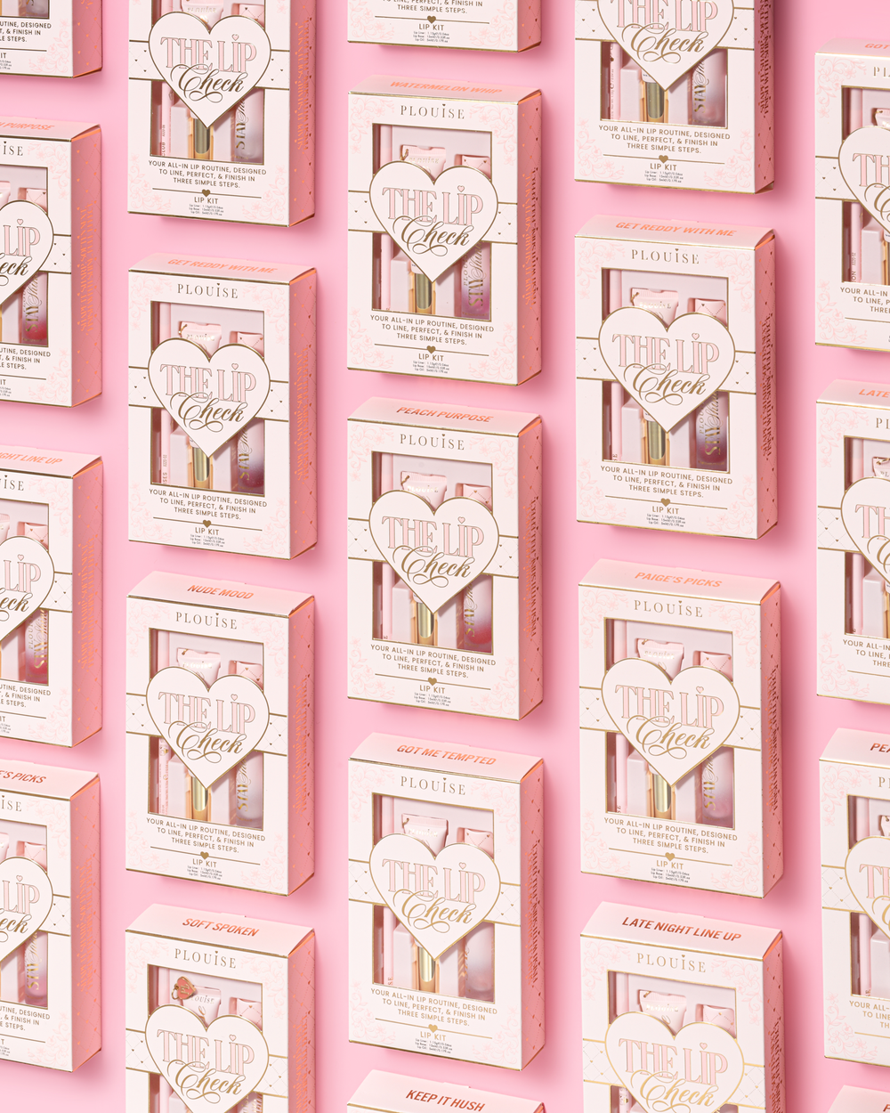 A repeating pattern of pink and white P.Louise 'The Lip Check' lip kits arranged in a grid on a solid pink background.