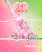 Bouteilles d'eau micellaire parfumée à la pastèque P. Louise 'Just A Swipe' avec éclaboussures d'eau sur fond rose et vert