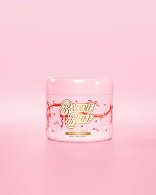 A pink P.Louise tub or Baddie Buff Scalp and Body Sugar Scrub in Coconut Coast
