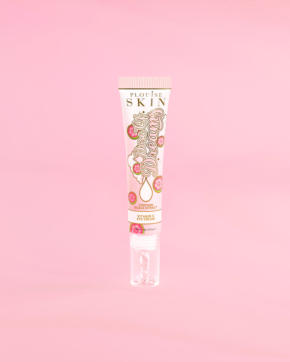 Tube de crème éclaircissante pour les yeux à la vitamine C P. Louise Dose Of Dreams sur fond rose