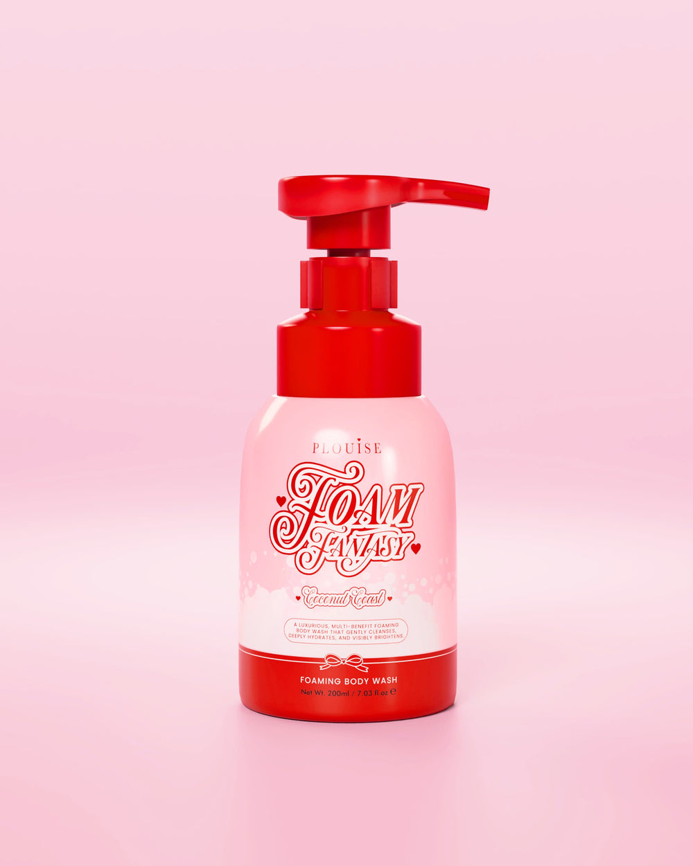 Flacon rouge et rose de gel douche P.Louise Foam Fantasy sur fond rose