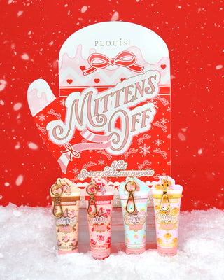 Set of P.Louise 'Mittens Off' hand cream gift set in a festive mitten package against a red background and surrounded by snow