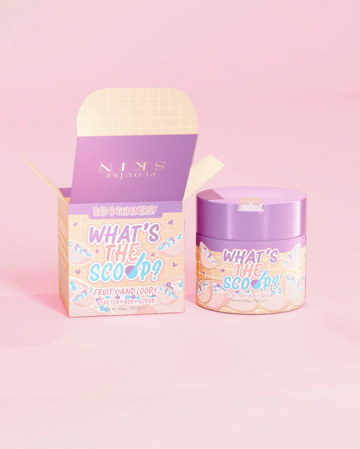 P.Louise « Quel est le scoop ? » gommage corporel extensible au parfum fruité et bouclé avec un emballage design fruité en boucle sur fond rose